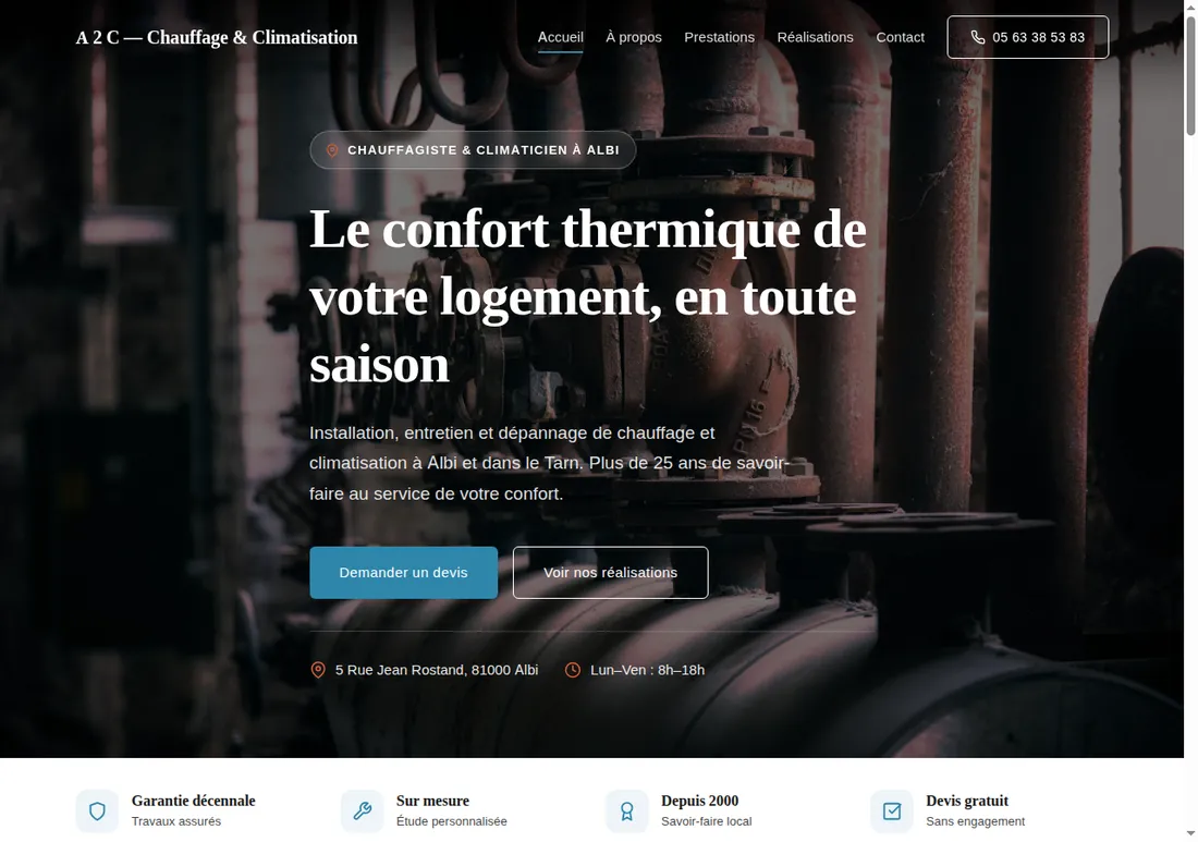 Site web réalisé par Netizo pour A2C Chauffage & Climatisation, Chauffagiste & climaticien à Albi