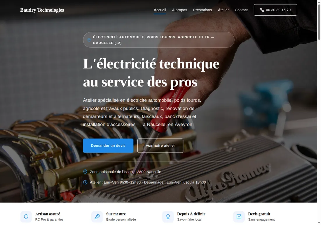Site web réalisé par Netizo pour Baudry Technologies, Électricité technique B2B à Naucelle