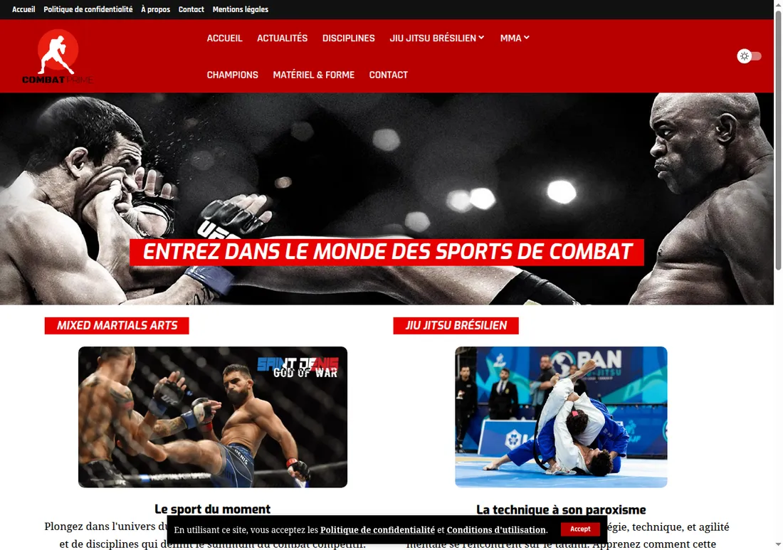 Site web réalisé par Netizo pour Combat Prime, Magazine sports de combat à En ligne