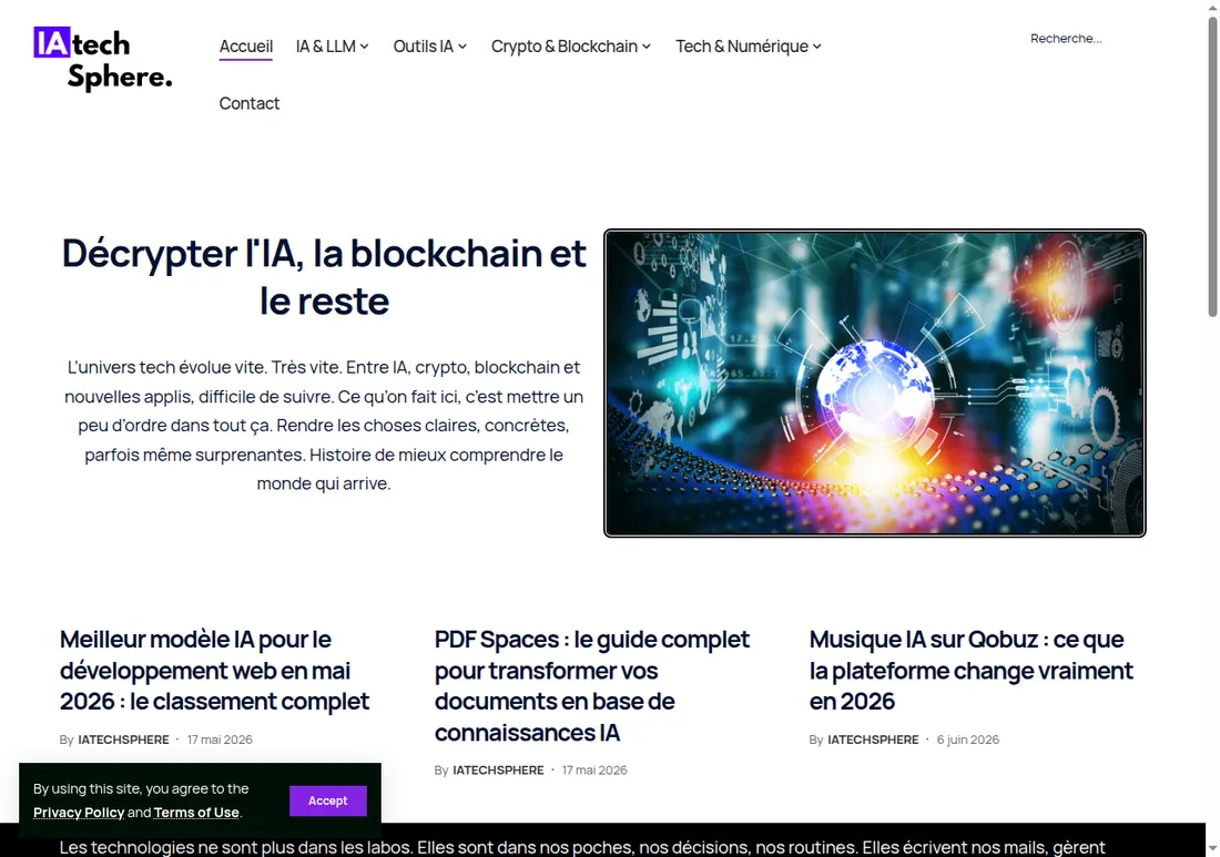 Site web réalisé par Netizo pour IA Tech Sphere, Magazine IA & tech à En ligne