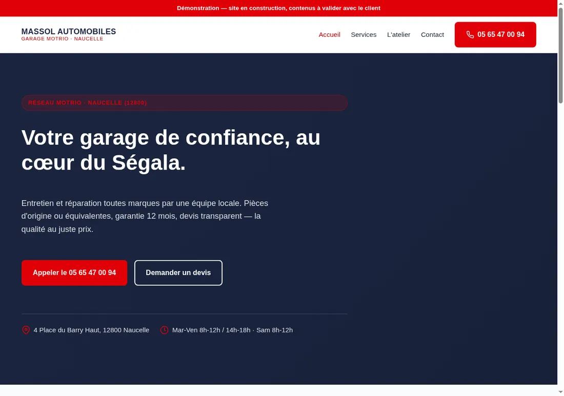 Site web réalisé par Netizo pour Massol Automobiles, Garage automobile à Naucelle