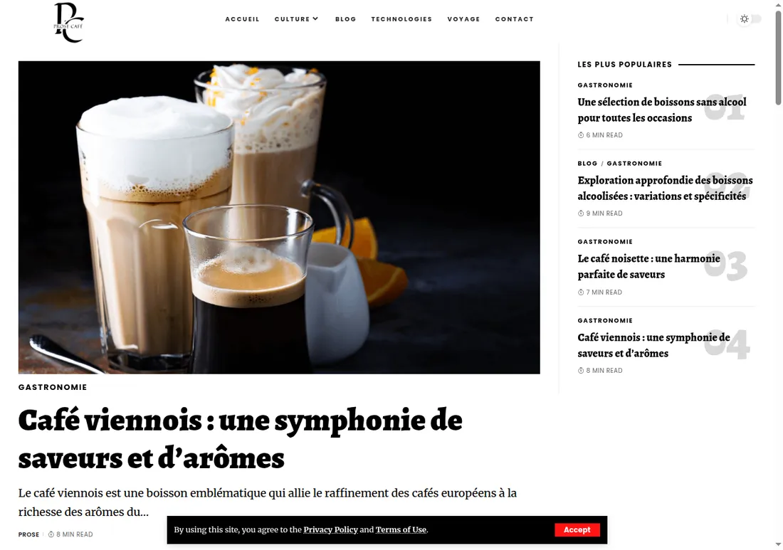 Site web réalisé par Netizo pour Prose Café, Magazine culture & gastronomie à En ligne
